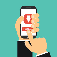 Businessman hand holding smartphone with file download button on