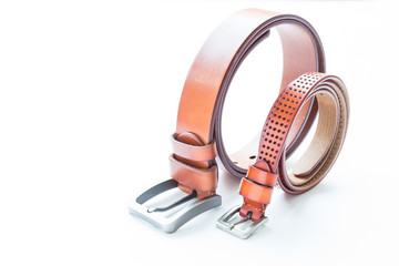 Men and women's leather brown belt on white background