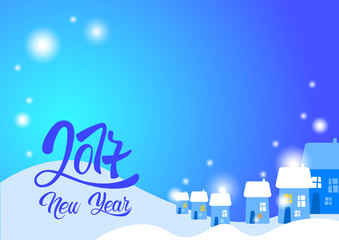 Snowy House Village Happy New Year Merry Christmas Greeting Card Banner Flat Vector Illustration