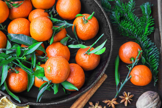 Clementines winter fruits with spices and decorative fir tree br