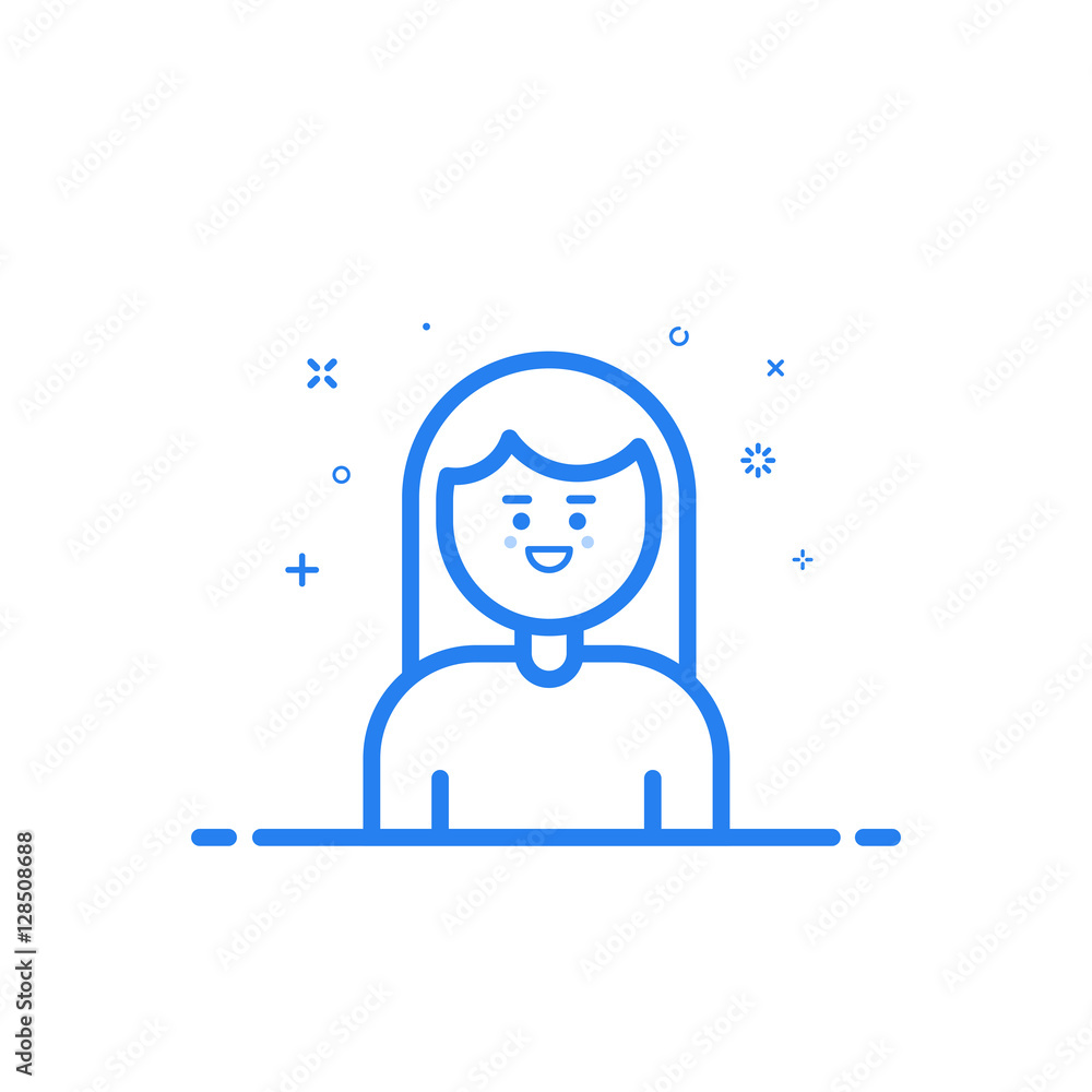 Poster vector illustration of blue icon in flat line style. linear cute and happy girl. graphic design conc