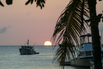 fishing boats, sunset, Caribbean islands
