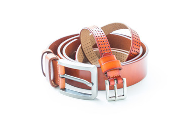 Men and women's leather brown belt on white background