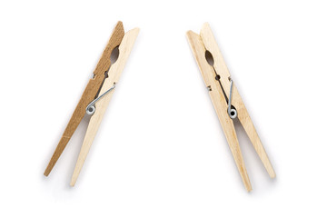 two wooden clothespin, isolated on white