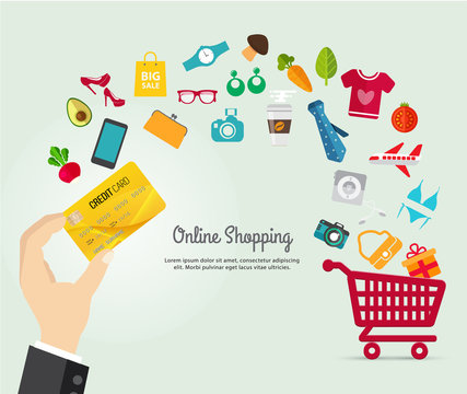 Online shopping e-commerce concept. business order item store online on smartphone,tablet and Pay by credit card quick and easy.Can used for infographic,web advertising.Market vector illustration