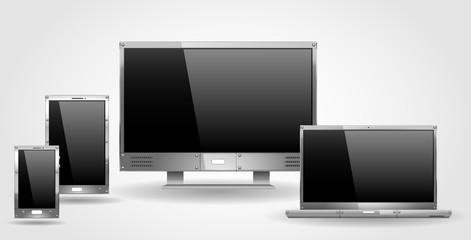Monitor laptop and tablet of steel or other metal. Set of realistic objects in vector graphics
