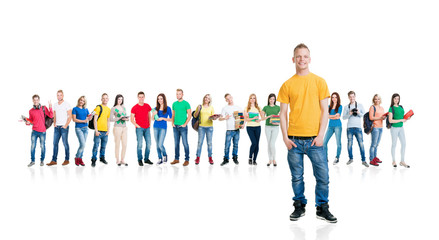 Obraz premium Large group of teenage students on white