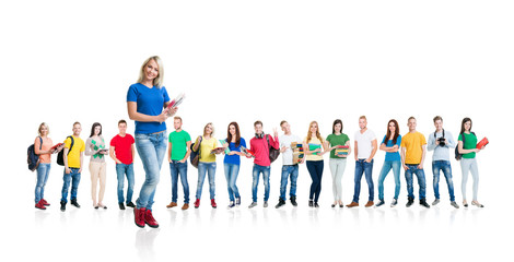 Obraz premium Large group of teenage students on white