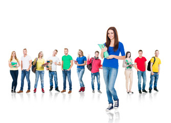 Obraz premium Large group of teenage students on white