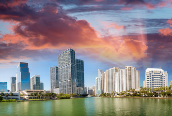 Brickell Key, Miami. City skyline at sunset, panoramic view