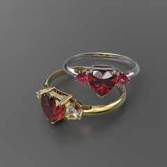 Wedding rings with diamond heart. 3D illustration