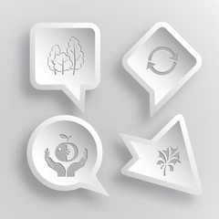 4 images: trees, recycle symbol, apple in hands, plant. Nature s
