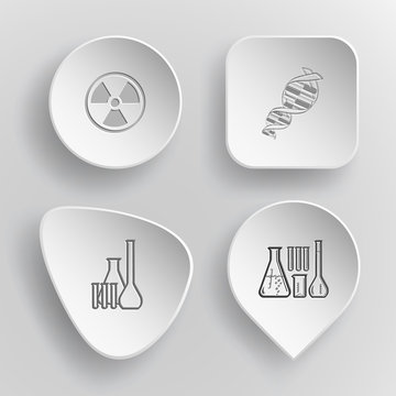 4 images: radiation symbol, dna, chemical test tubes. Science se