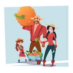 Farmers Parents And Daughter Gather Harvest Flat Vector Illustration