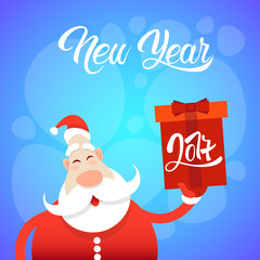Santa Claus Hold Big Present Box Merry Christmas Greeting Card Happy New Year Flat Vector Illustration
