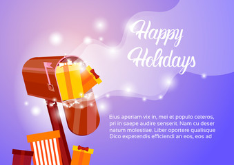Mail Box With Present Happy New Year Merry Christmas Greeting Card Banner Flat Vector Illustration