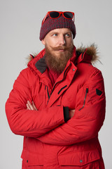 Man wearing red winter jacket