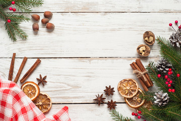 Spicy Christmas background. Baking ingredients. Top view