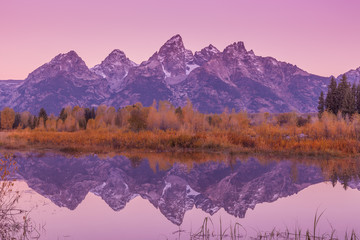 Tetons in Fall Reflected at Sunrise
