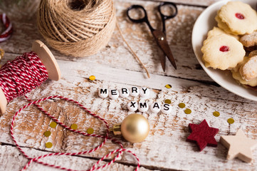 Christmas composition, studio shot, wooden background.