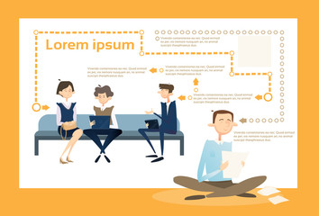Business People Group Sitting On Coach Businessman Using Laptop Computer Office Flat Vector Illustration