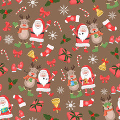 Christmas seamless pattern with Santa, deers and christmas stuff/ New Year holiday pattern