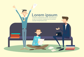 Business People Stidents Group Sitting On Coach Businessman Using Tablet Computer Office Flat Vector Illustration