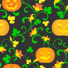 Halloween background. Seamless pattern. Halloween pumpkins with twisted stems, leaves and flowers