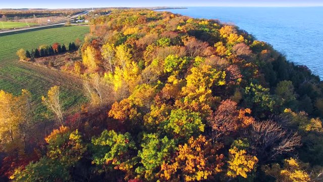 Scenic Autumn treetop aerial flyover of Fall colors on shore of Wisconsin’s Bay of Green Bay.