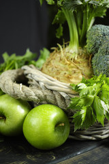 Green vegetables and fruits -  celery, apples, celery root celeriac