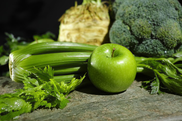 Green vegetables and fruits -  celery, apples, celery root celeriac