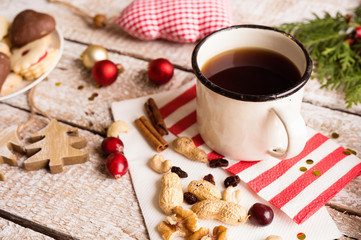 Christmas composition, studio shot, wooden background