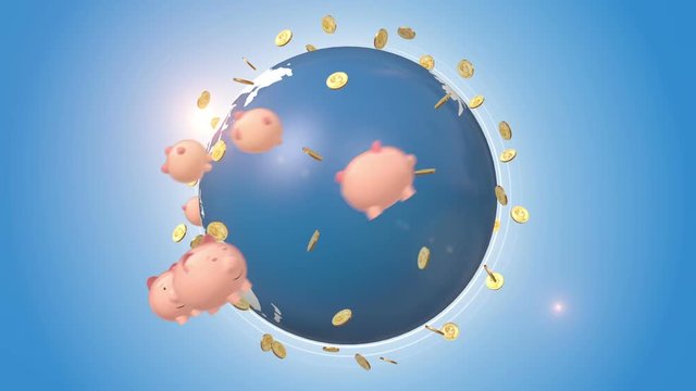 Dollar Coins Orbiting Around Globe And Piggy Bank