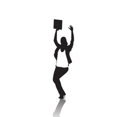 Business Woman Silhouette Excited Hold Hands Up Raised Arms, Businesswoman Full Length Winner Success Vector Illustration