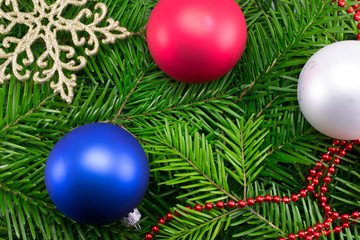 background of the Christmas tree balls and garlands stars