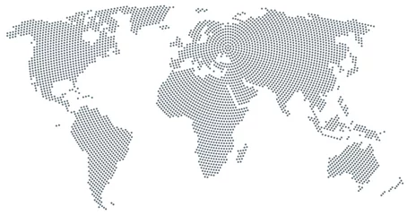 Fotobehang World map radial dot pattern. Gray dots going from the center outwards and form the silhouette of the surface of the Earth under the Robinson projection. Illustration on white background. Vector. © Peter Hermes Furian
