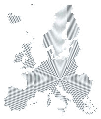 Europe map radial dot pattern. Gray dots going from the center outwards and form the silhouette of the European Union area. Illustration on white background. Vector. © Peter Hermes Furian
