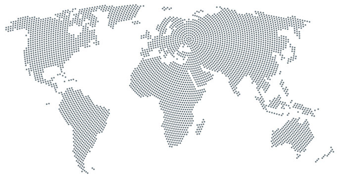 World map radial dot pattern. Gray dots going from the center outwards and form the silhouette of the surface of the Earth under the Robinson projection. Illustration on white background. Vector.