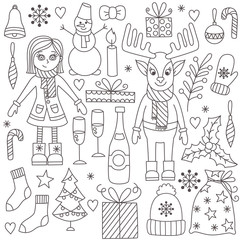 Obraz premium Cute black and white christmas doodles collection