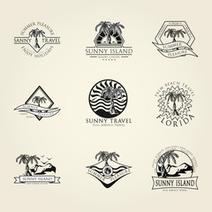 Set concept badge emblem label icon on the basis of a palm tree drawn by hand. Vector illustration template for graphic design logos emblems labels of travel agencies, hotels, and other companies