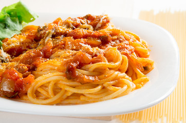 Selective focus on the Italian cooked spaghetti