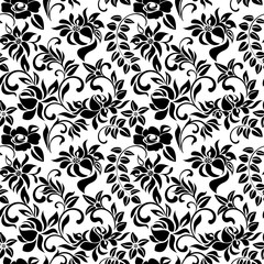 Seamless pattern with black flowers on a white background