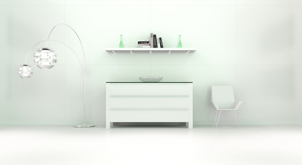 Modern white green interior with chest of drawers and shelve 3D