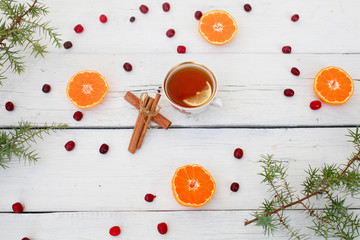 Christmas  food decor and fir tree branch on wooden table. Top v