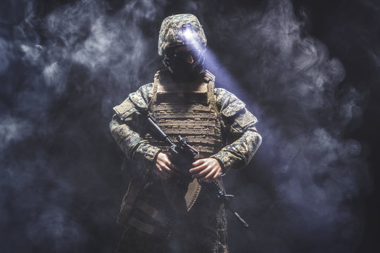 Portrait of a soldier surrounded by smoke