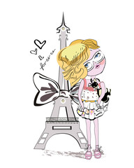 Fashion girl with a dog and the Eiffel tower.