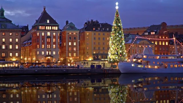 Time lapse of Stockholm with the big Christmas tree on Skeppsbron and some light decorations.