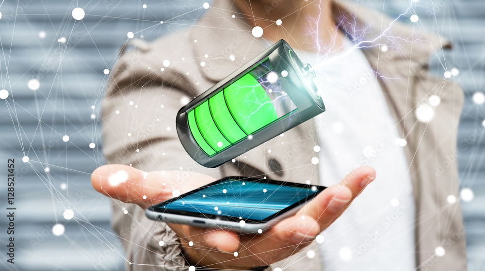 Aufkleber man holding 3d render battery with lightning over his phone