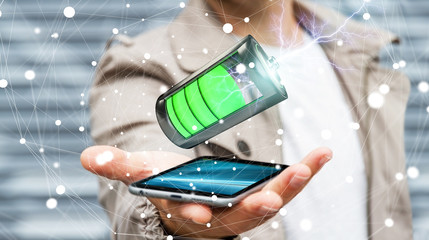 Man holding 3D render battery with lightning over his phone