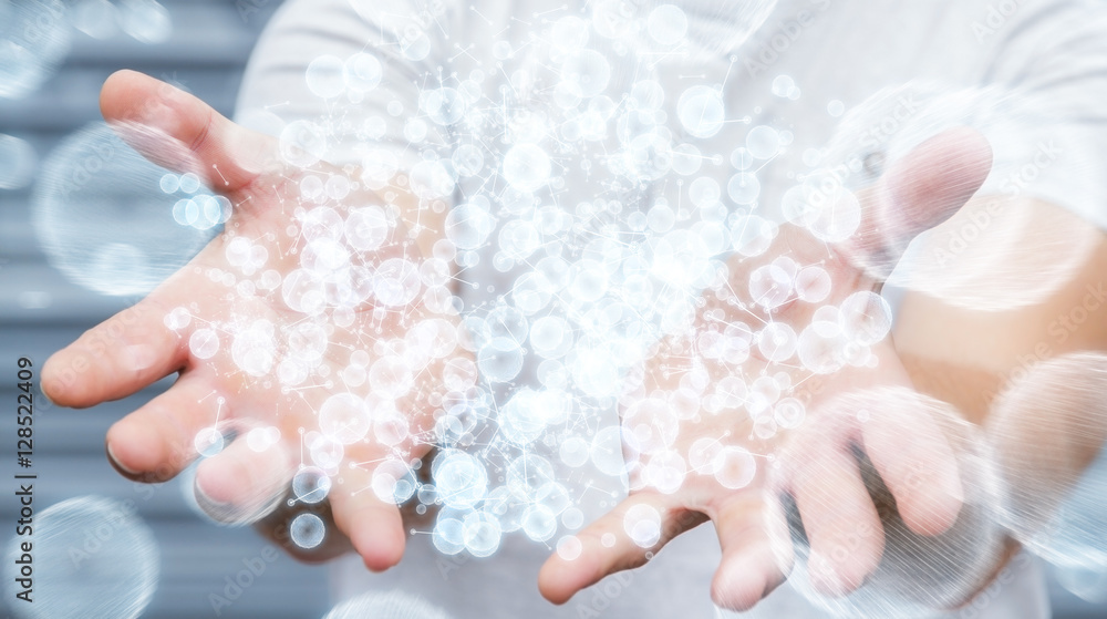 Poster businessman holding 3d rendering data network sphere in his hand